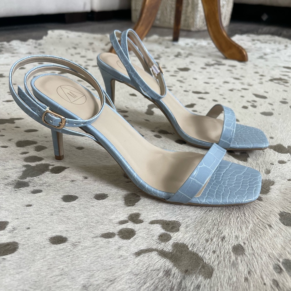 Baby blue faux crocodile skin heels
